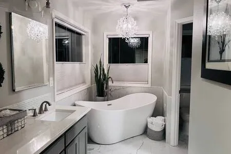 Luxury bedroom with modern tub and walk in closet